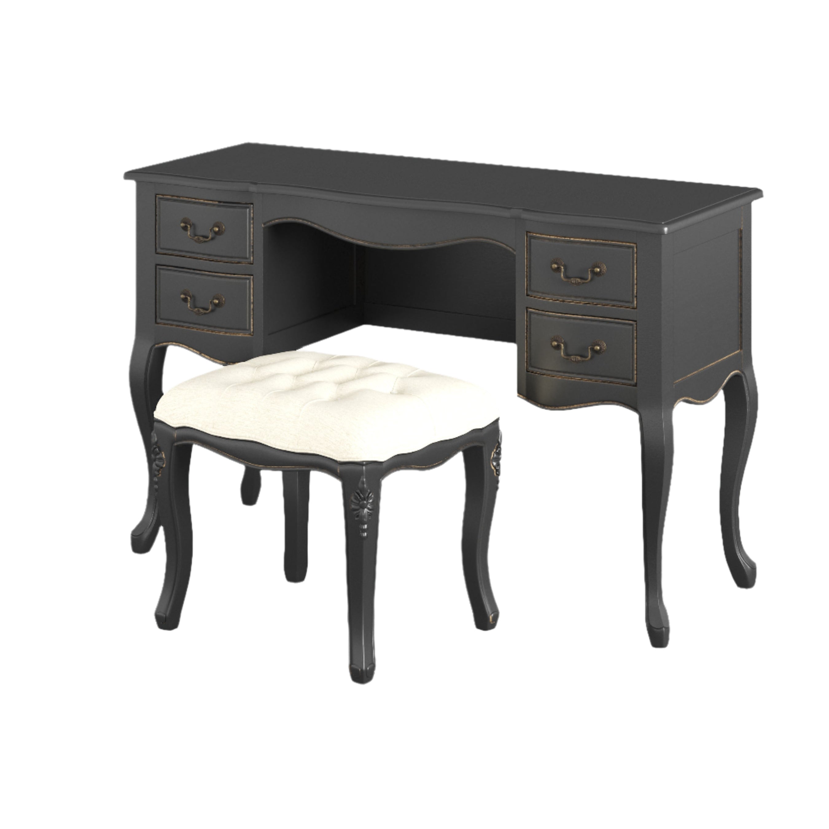 LAURA ASHLEY Montpellier Black 4-Drawer Dressing Table & Stool Set in Solid Wood, 120 x 77 x 45 cm