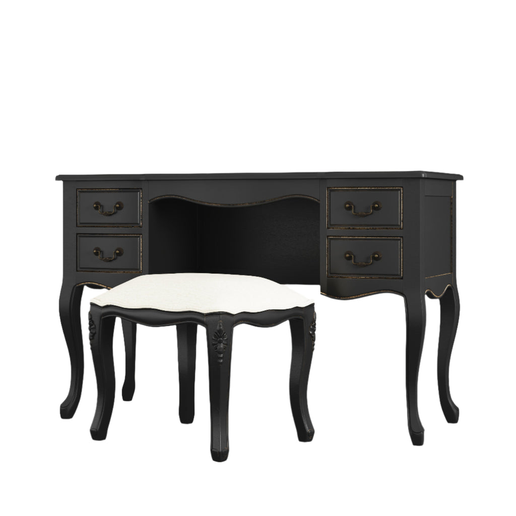 LAURA ASHLEY Montpellier Black 4-Drawer Dressing Table & Stool Set in Solid Wood, 120 x 77 x 45 cm