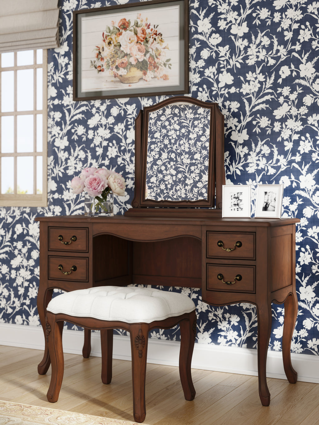 LAURA ASHLEY Montpellier Walnut 4-Drawer Dressing Table & Stool Set in Solid Wood, 120 x 77 x 45 cm