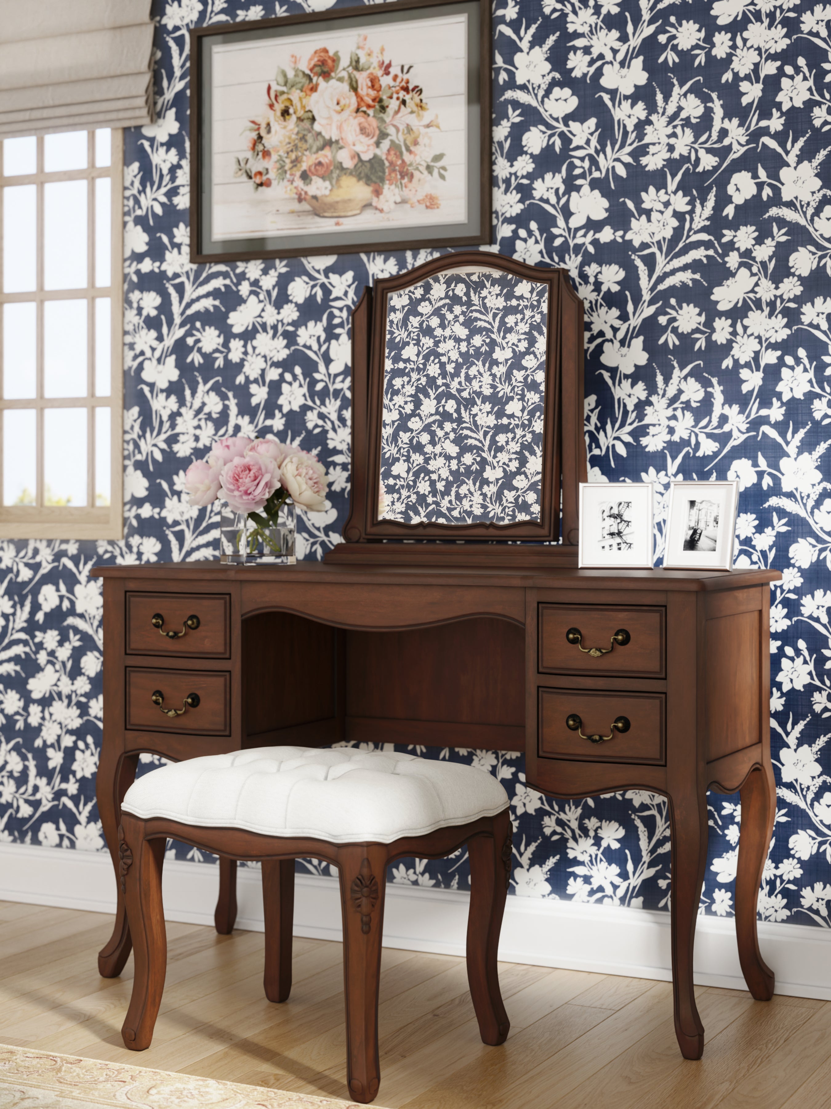 LAURA ASHLEY Montpellier Walnut 4-Drawer Dressing Table & Stool Set in Solid Wood, 120 x 77 x 45 cm