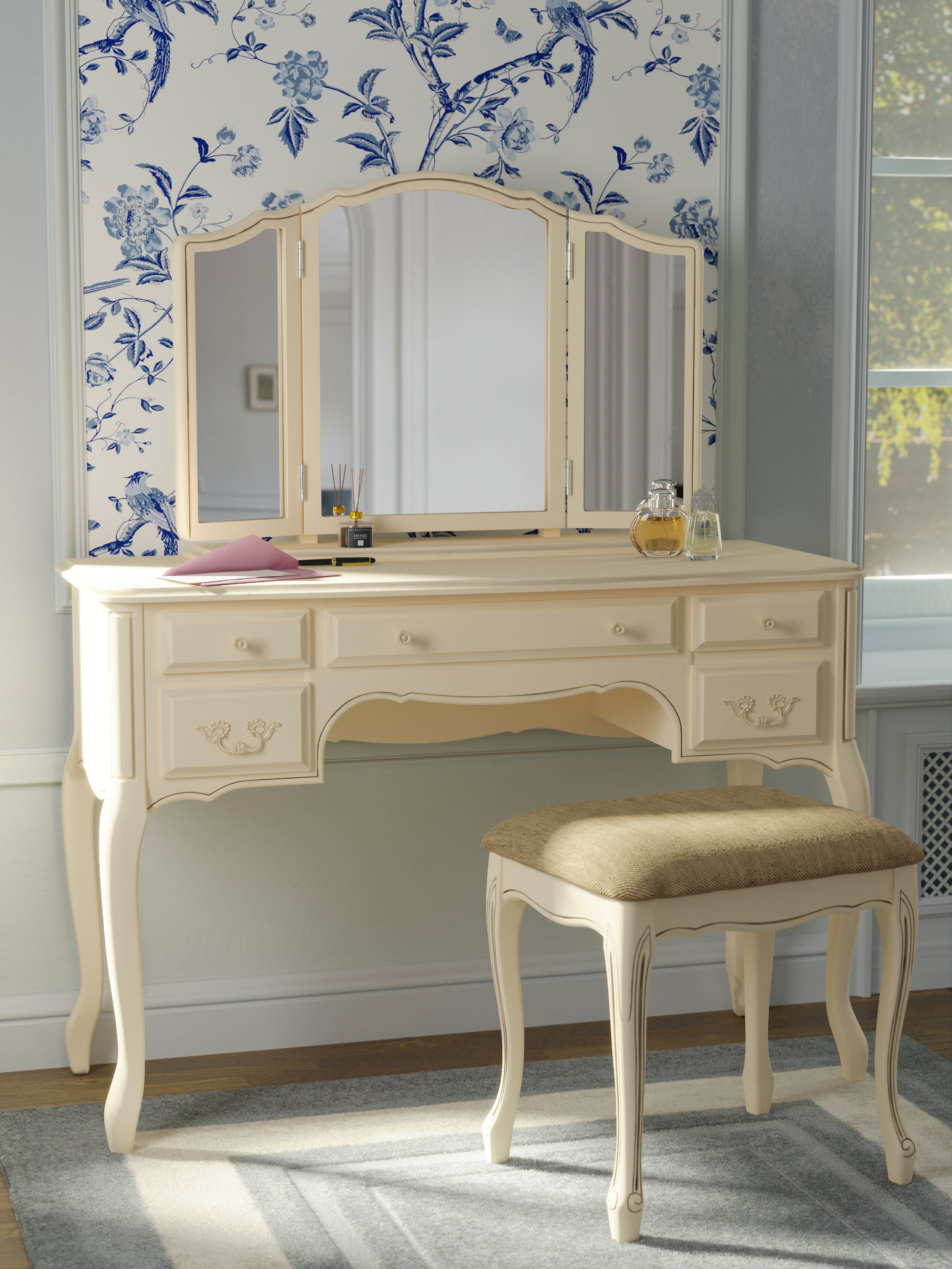 LAURA ASHLEY Provençale Ivory 5-Drawer Dressing Table & Stool Set in Solid Wood, 110 x 77 x 47 cm