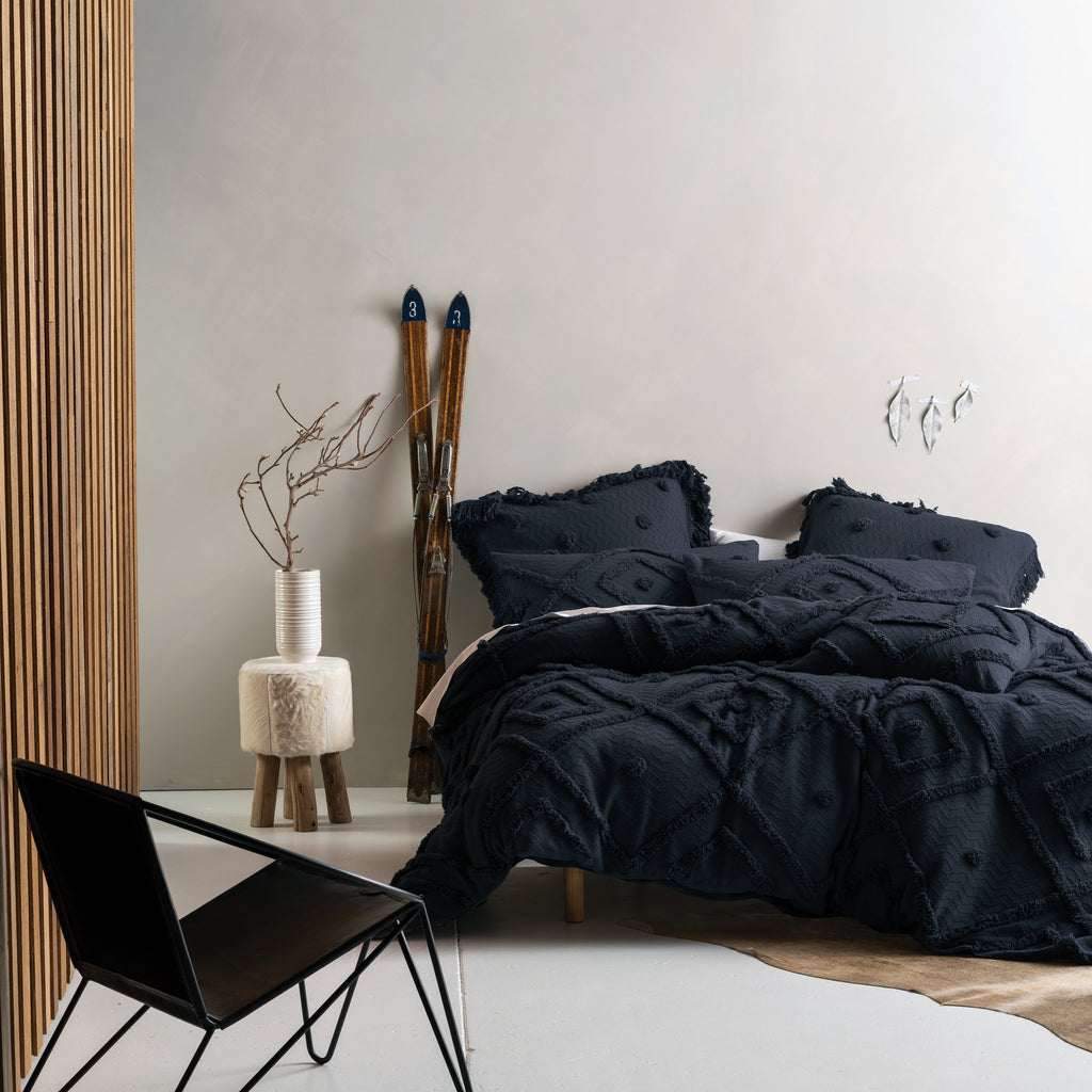 LINEN HOUSE Adalyn Aztec Tufted 100% Cotton SINGLE Duvet Cover Set, Indigo - Regina Luxury Interiors