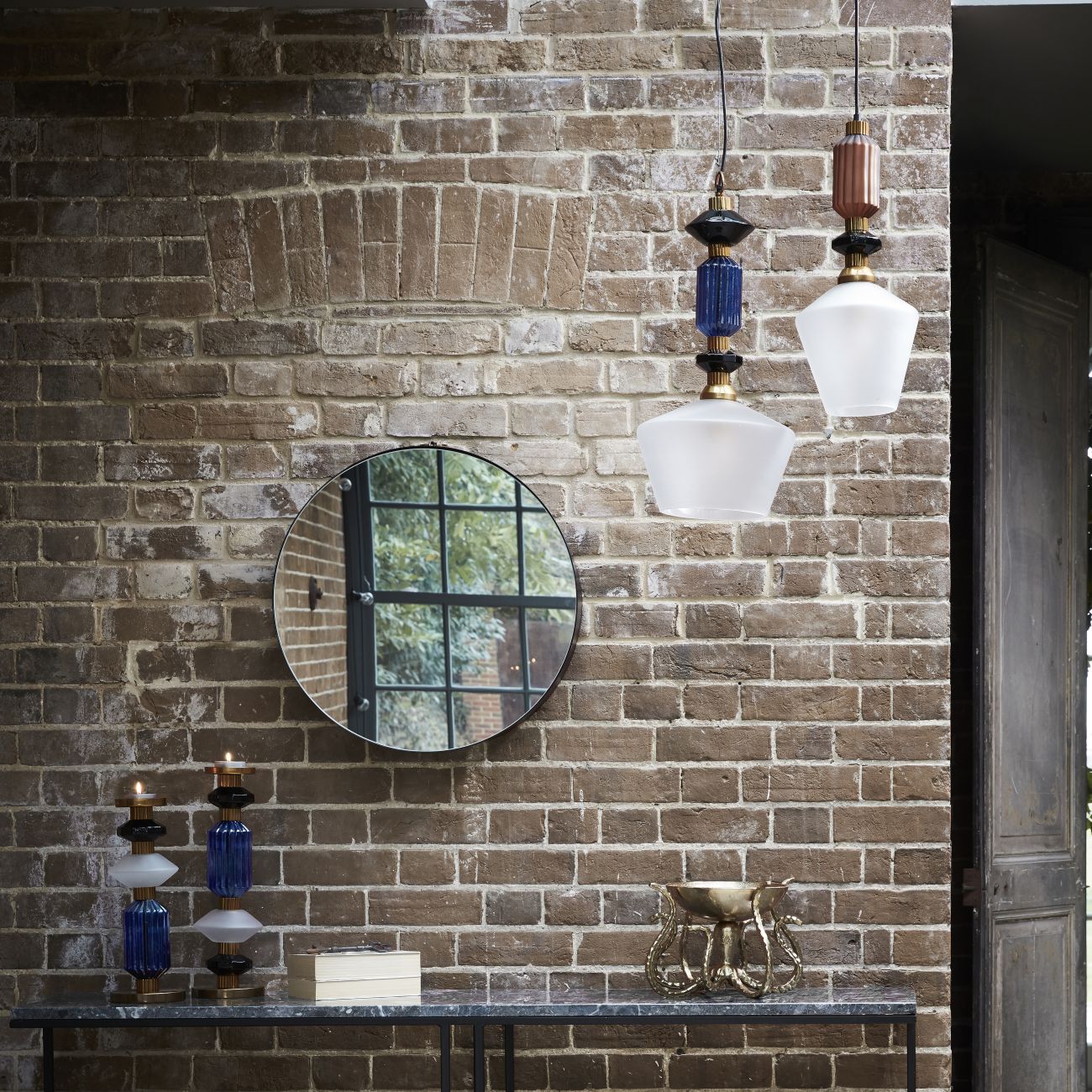 LIBRA INTERIORS Alena Ink Blue and Frosted Glass Pendant Ceiling Light