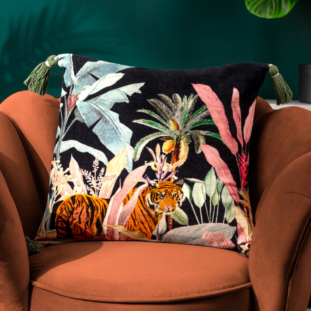 WYLDER Midnight Jungle Cushion Noir Square Pillow Case, 100% Cotton, 50cm x 50cm, Choice of 4 Fillings - Regina Luxury Interiors
