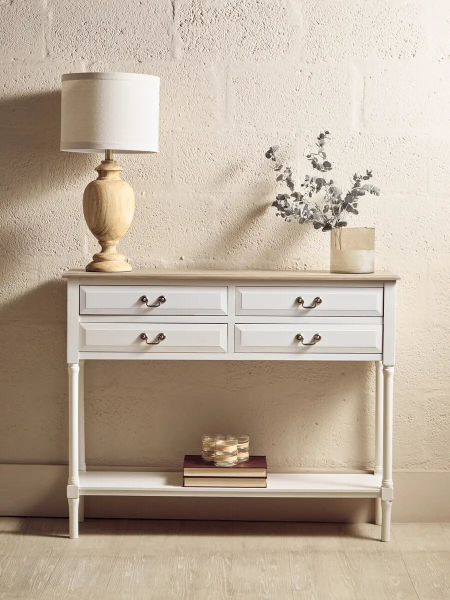 REGINA STUDIO Antoinette Ivory 4-Drawer Console Table in 100% Pine Wood, 113 x 32 x 90 cm
