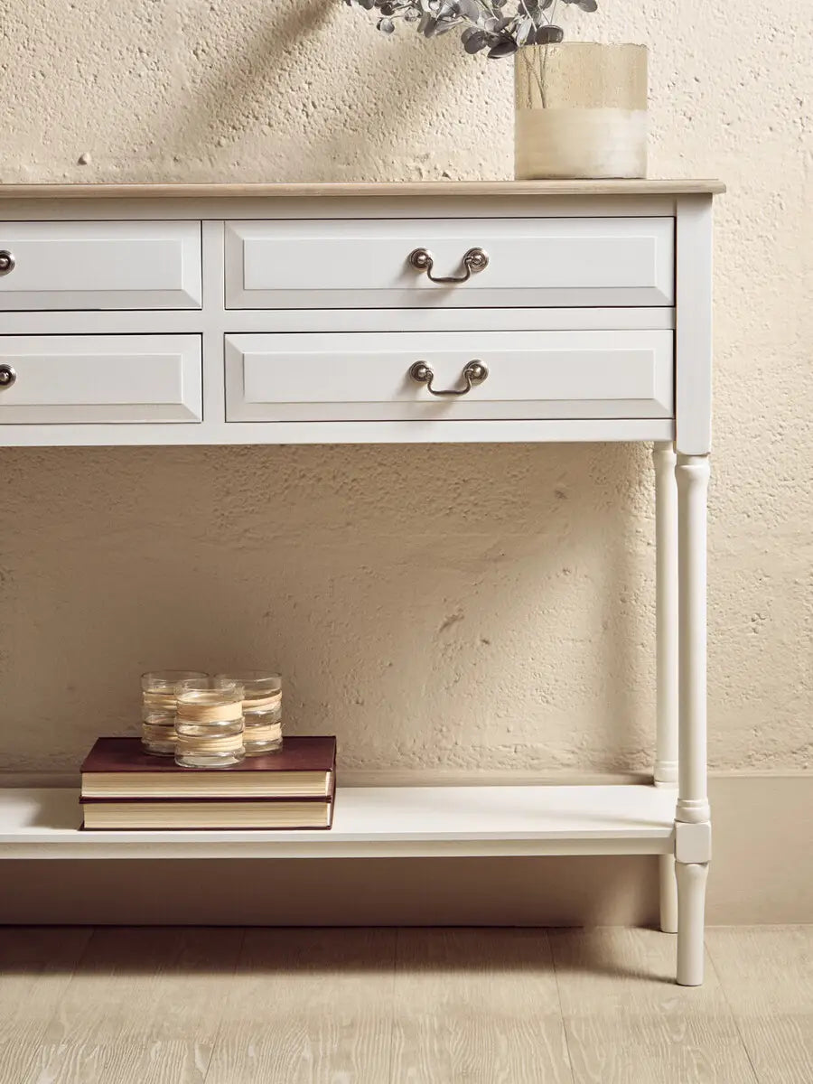 REGINA STUDIO Antoinette Ivory 4-Drawer Console Table in 100% Pine Wood, 113 x 32 x 90 cm