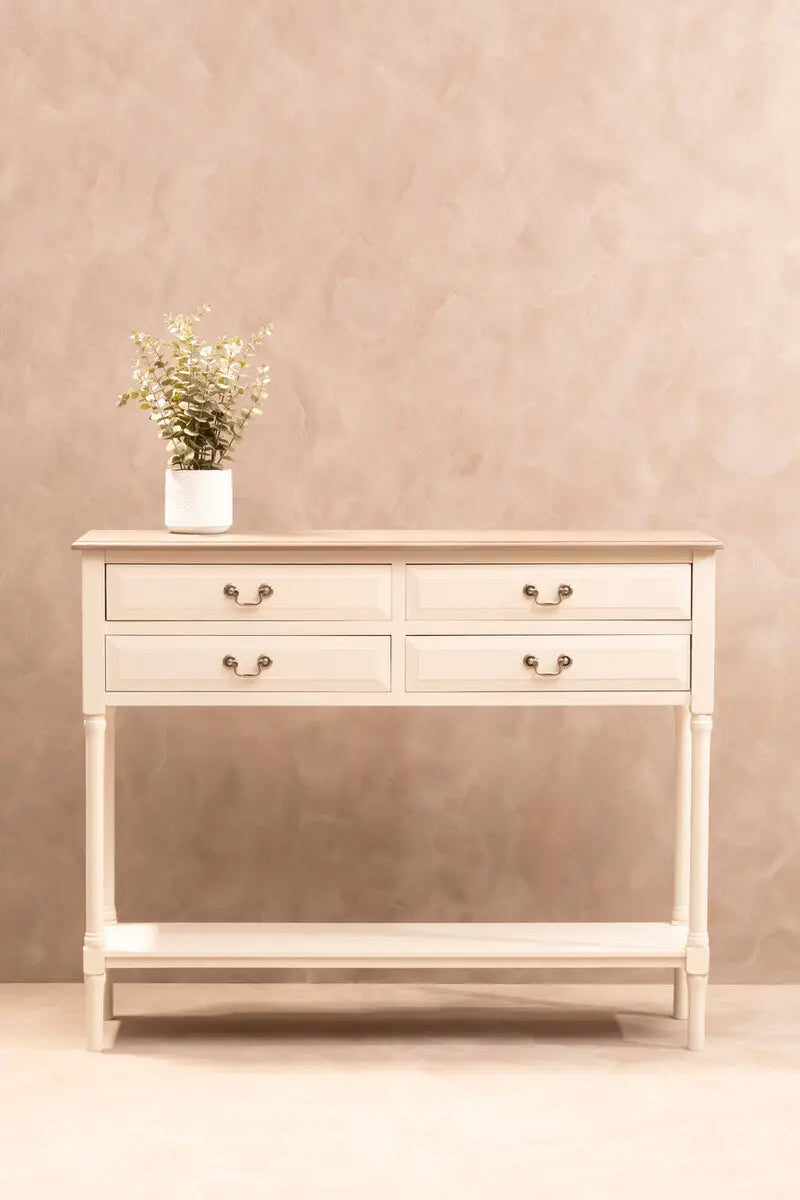 REGINA STUDIO Antoinette Ivory 4-Drawer Console Table in 100% Pine Wood, 113 x 32 x 90 cm