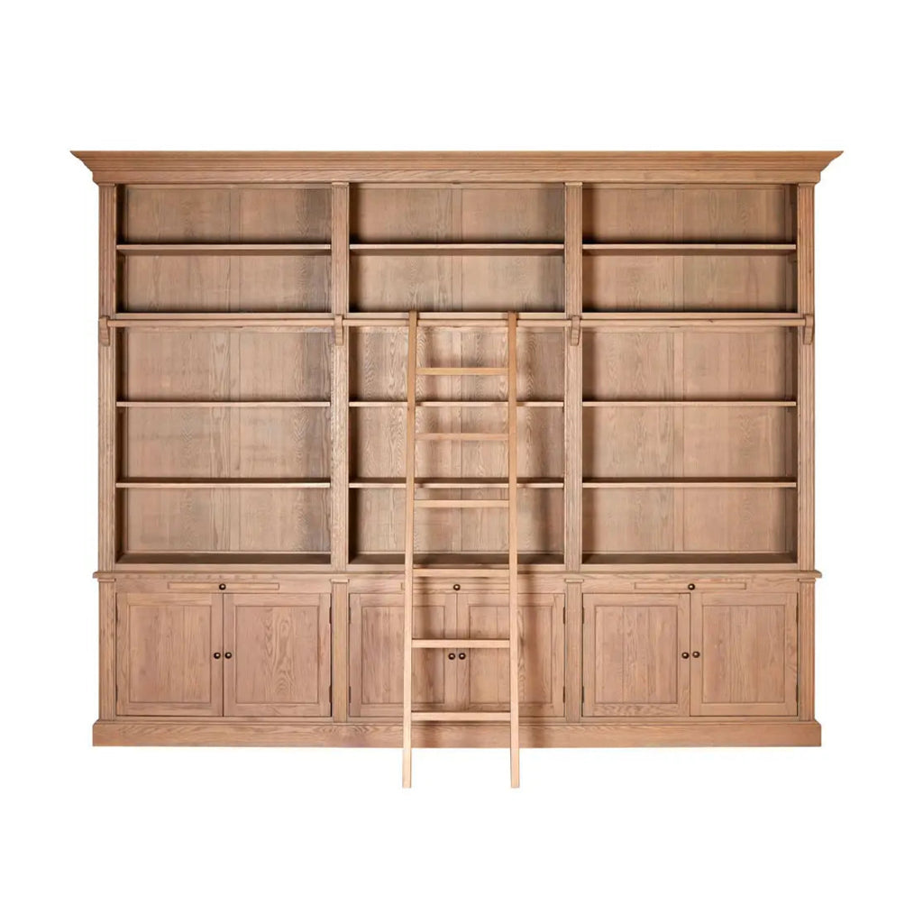 REGINA STUDIO Bodleian 3-Section Bookcase with Ladder in 100% American Oak, Colonial Style, 308 x 240 x 44 cm