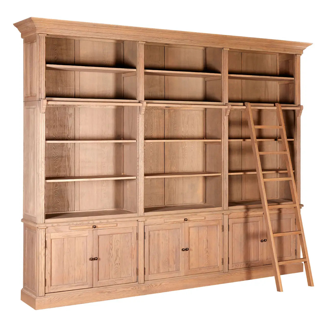 REGINA STUDIO Bodleian 3-Section Bookcase with Ladder in 100% American Oak, Colonial Style, 308 x 240 x 44 cm