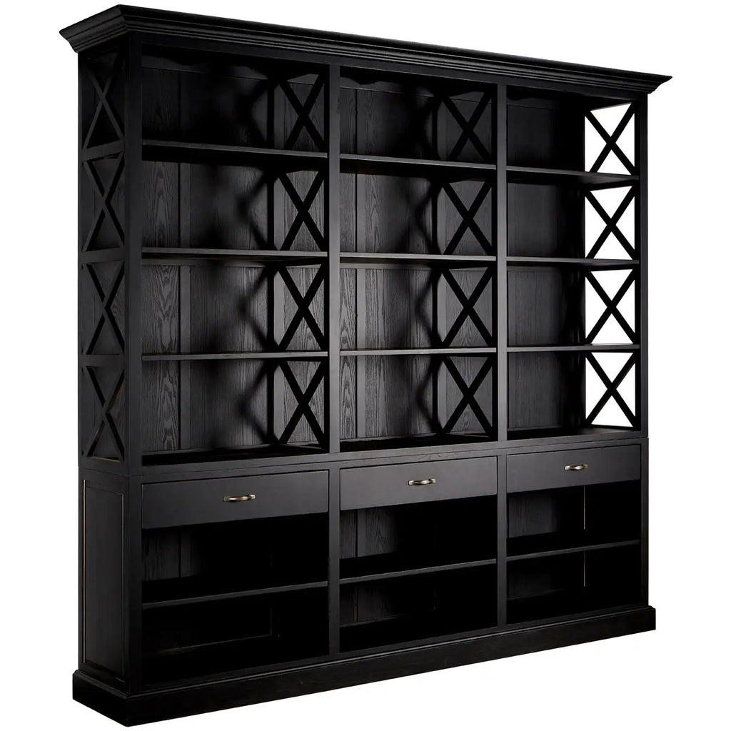 REGINA STUDIO Bodleian | 3- Section Extra Large Black Bookcase | 3- Drawers | 18 Compartments | Birch