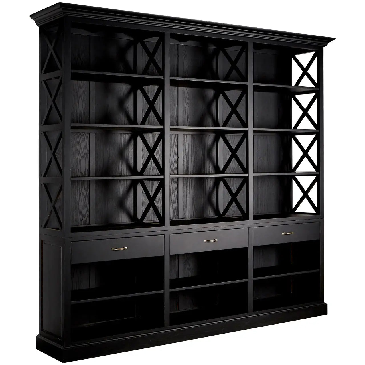 REGINA STUDIO Bodleian | 3- Section Extra Large Black Bookcase | 3- Drawers | 18 Compartments | Birch