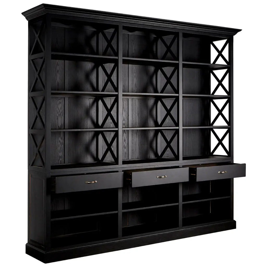 REGINA STUDIO Bodleian | 3- Section Extra Large Black Bookcase | 3- Drawers | 18 Compartments | Birch