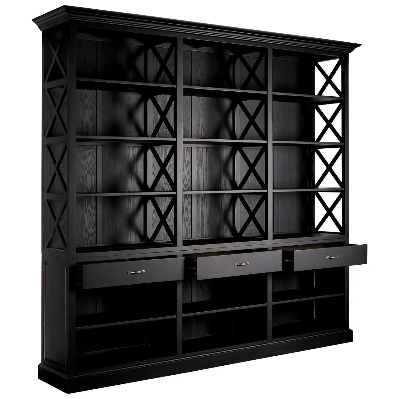 REGINA STUDIO Bodleian | 3- Section Extra Large Black Bookcase | 3- Drawers | 18 Compartments | Birch