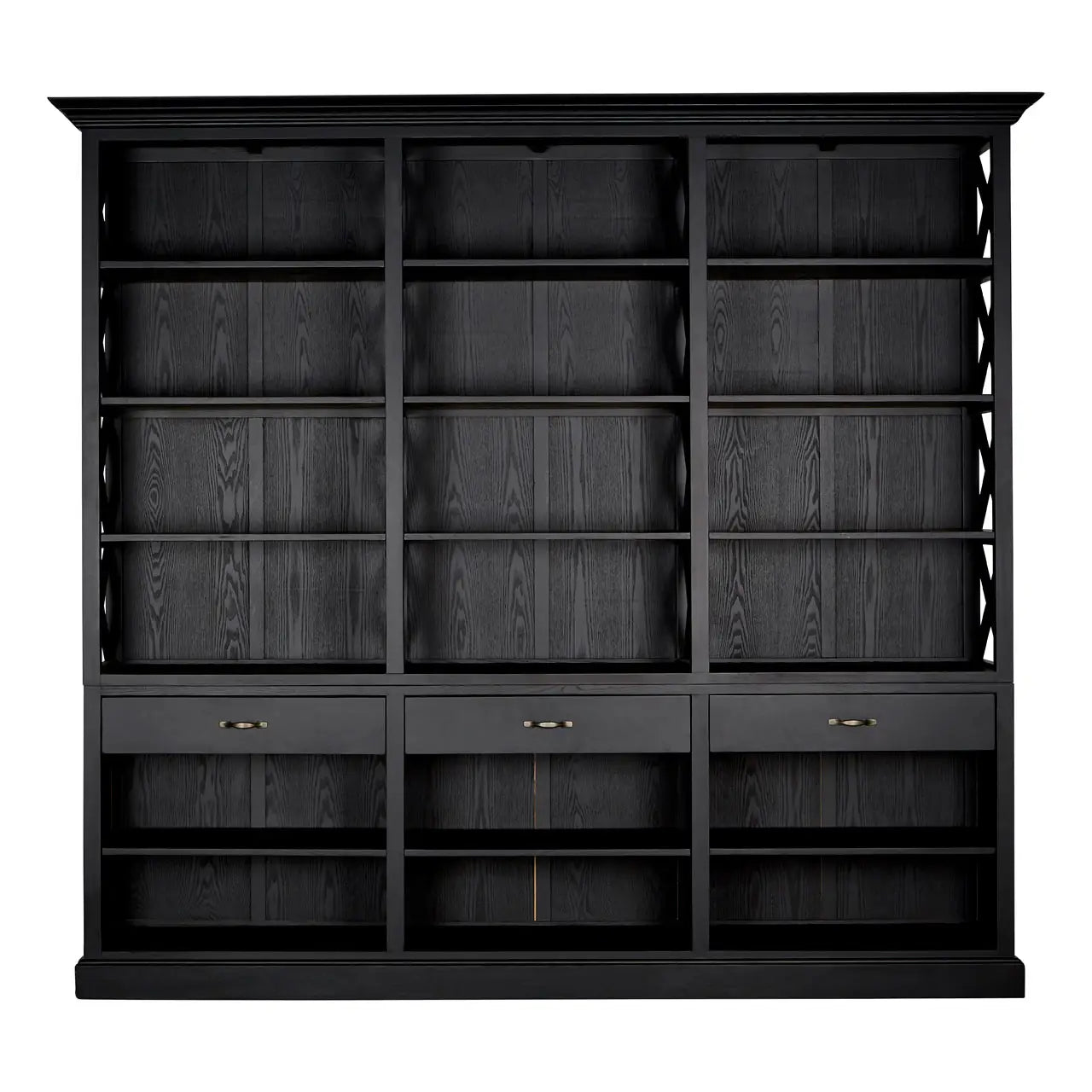 REGINA STUDIO Bodleian | 3- Section Extra Large Black Bookcase | 3- Drawers | 18 Compartments | Birch