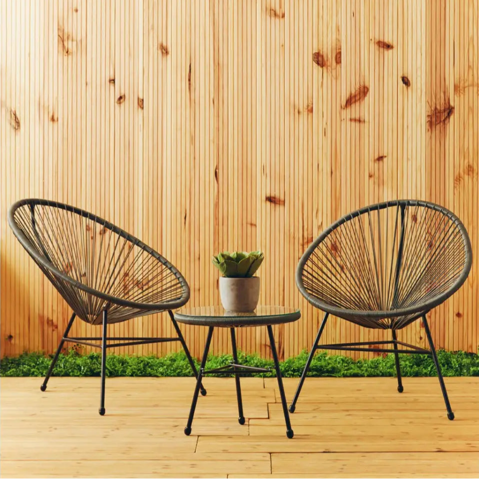 REGINA STUDIO Frank Grey Rattan And Steel 3-Piece Patio Set, 2 Chairs 1 Table