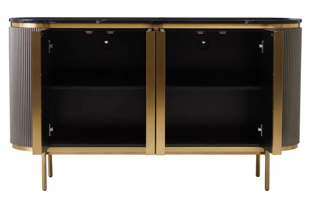 REGINA STUDIO Gatsby Grey 4-Door Sideboard With Black Marble Top and Gold Finish, 160 x 40 cm