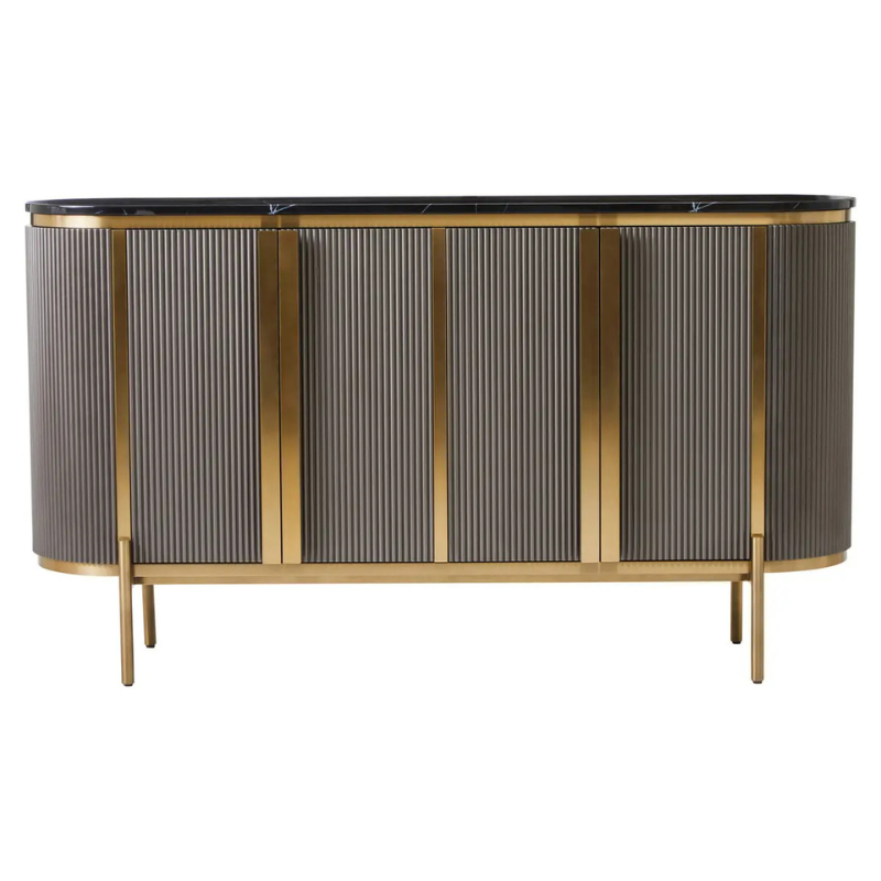 REGINA STUDIO Gatsby Grey 4-Door Sideboard With Black Marble Top and Gold Finish, 160 x 40 cm