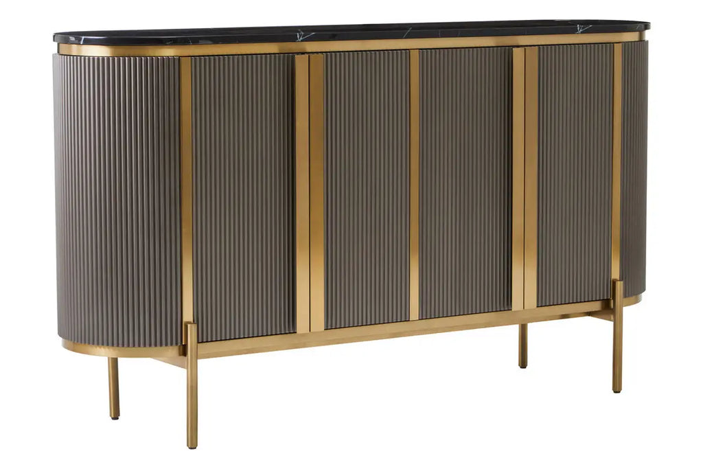 REGINA STUDIO Gatsby Grey 4-Door Sideboard With Black Marble Top and Gold Finish, 160 x 40 cm