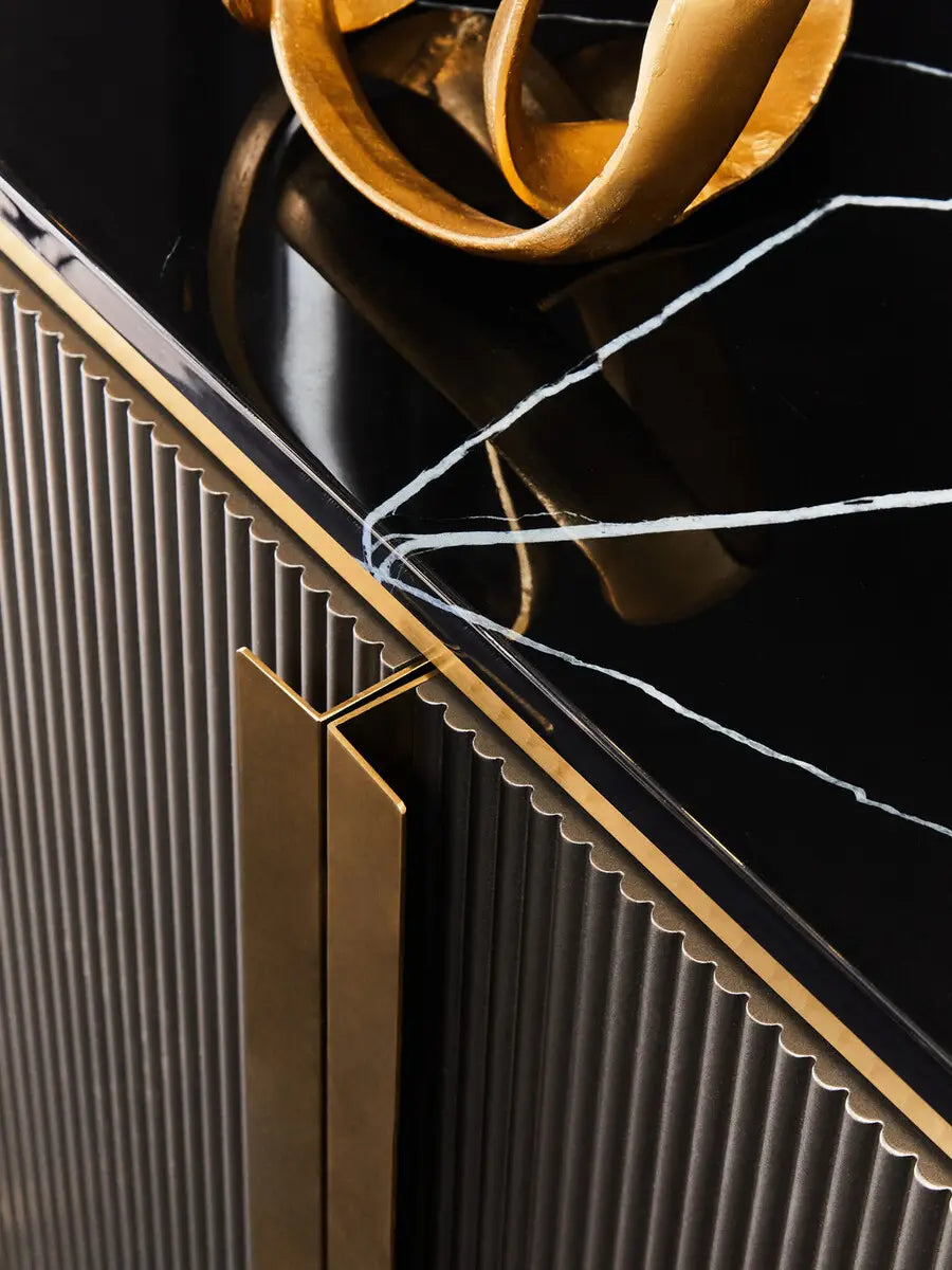 REGINA STUDIO Gatsby Grey 4-Door Sideboard With Black Marble Top and Gold Finish, 160 x 40 cm