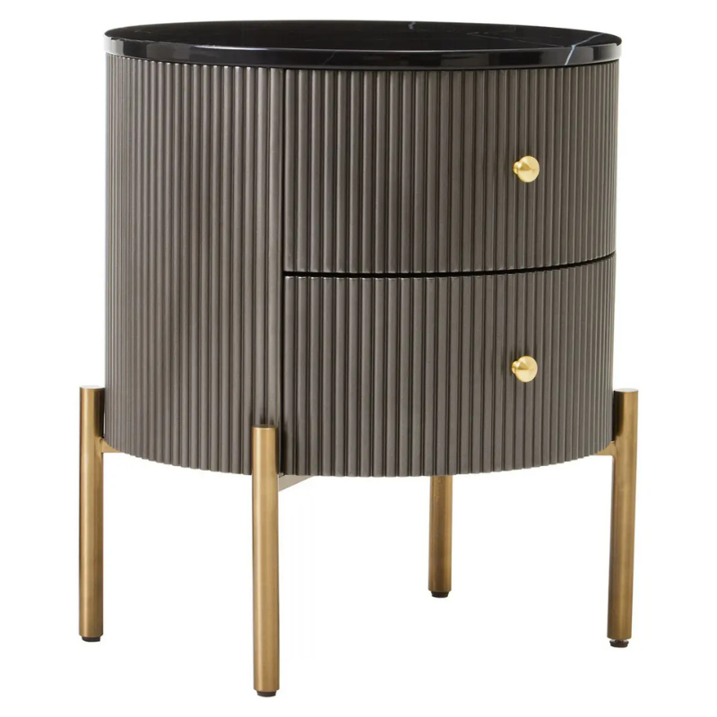 REGINA STUDIO Grey 2-Drawer Bedside Chest with Black Marble Top, Ø 50 x H 60 cm