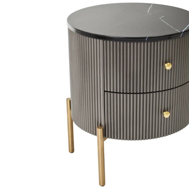REGINA STUDIO Grey 2-Drawer Bedside Chest with Black Marble Top, Ø 50 x H 60 cm