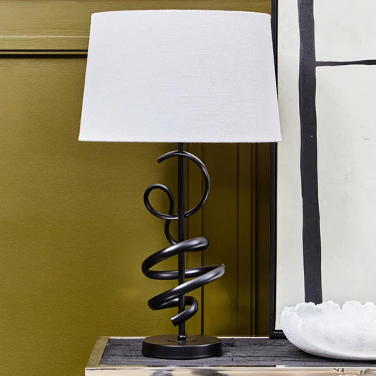 REGINA STUDIO Matte Black Squiggle Table Lamp with White Linen Shade
