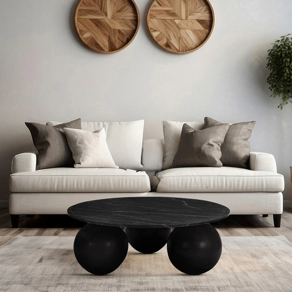 TRAMPOLINE Kristy Marble-Top Coffee Table, Mango Wood Spherical Legs, Ø 100 cm - Regina Luxury Interiors
