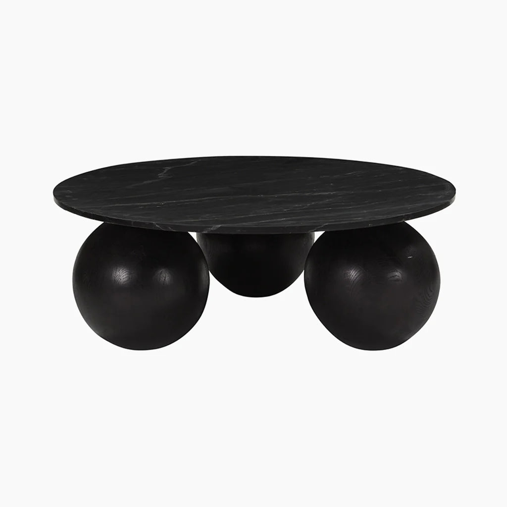 TRAMPOLINE Kristy Marble-Top Coffee Table, Mango Wood Spherical Legs, Ø 100 cm - Regina Luxury Interiors