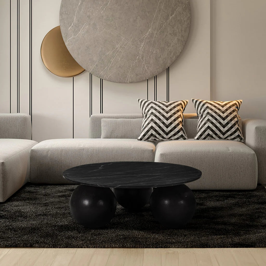 TRAMPOLINE Kristy Marble-Top Coffee Table, Mango Wood Spherical Legs, Ø 100 cm - Regina Luxury Interiors