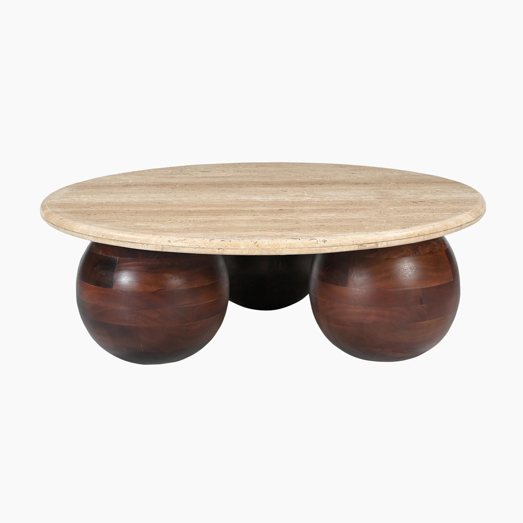 TRAMPOLINE Chloe Travertine-Top Coffee Table, Acacia Wood Spherical Legs, Ø 100 cm