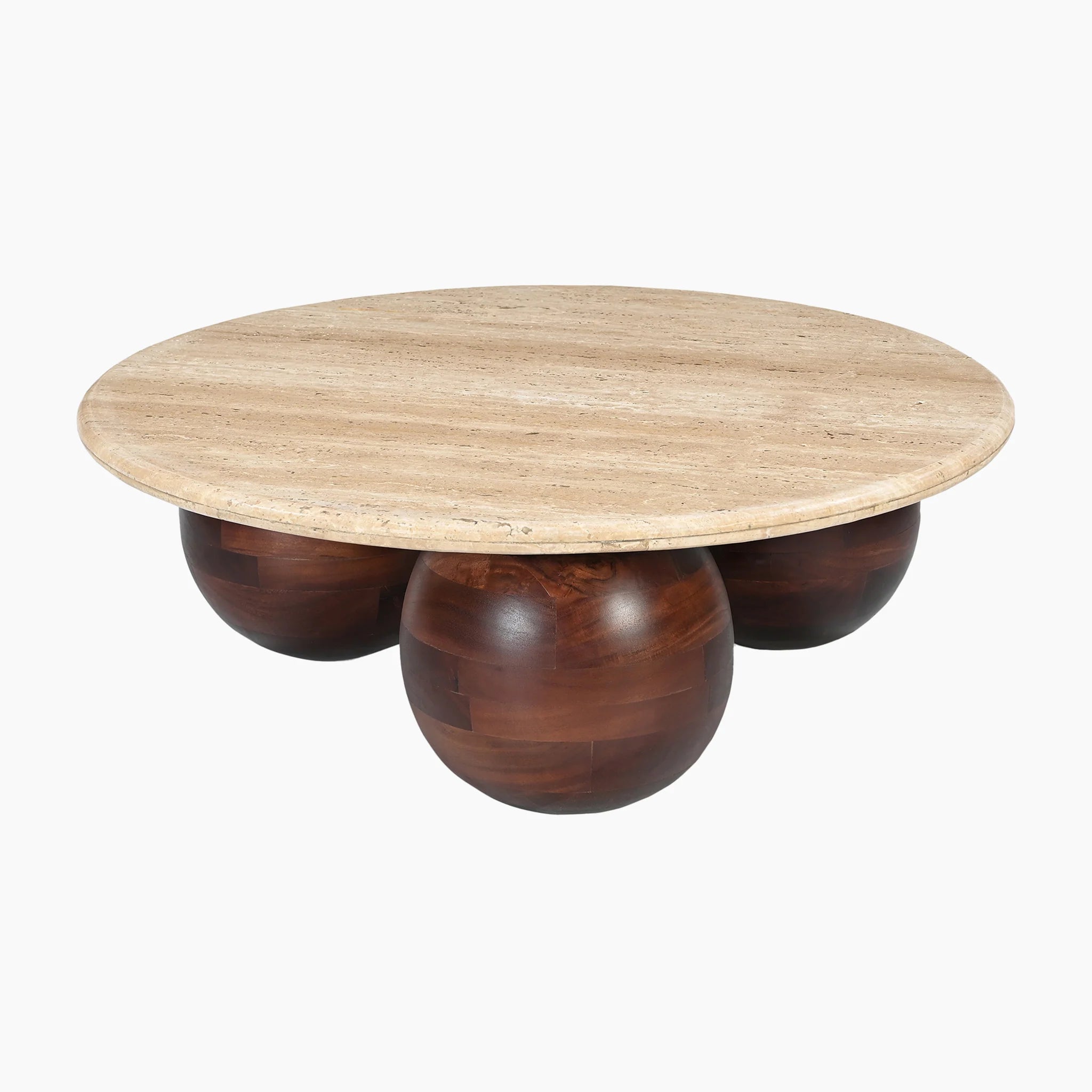 TRAMPOLINE Chloe Travertine-Top Coffee Table, Acacia Wood Spherical Legs, Ø 100 cm
