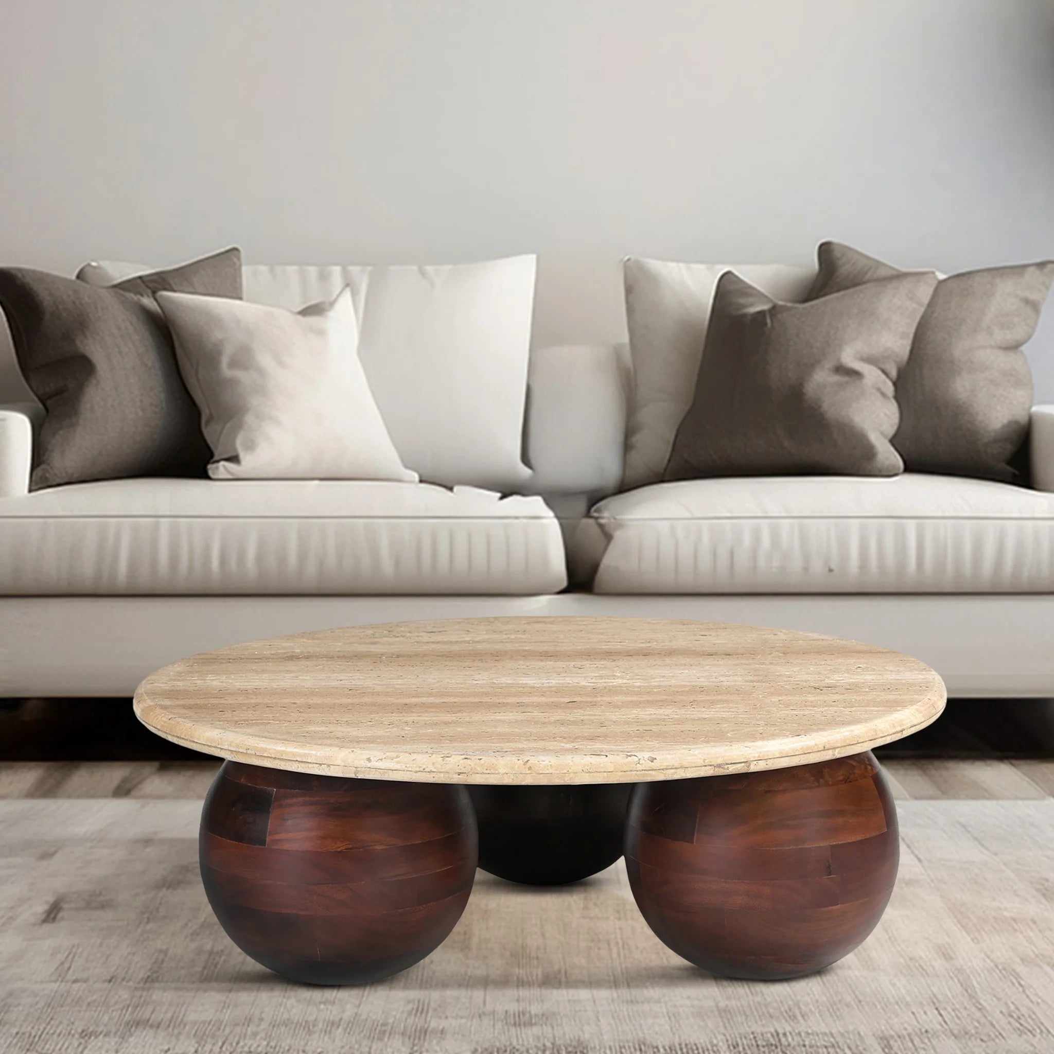 TRAMPOLINE Chloe Travertine-Top Coffee Table, Acacia Wood Spherical Legs, Ø 100 cm