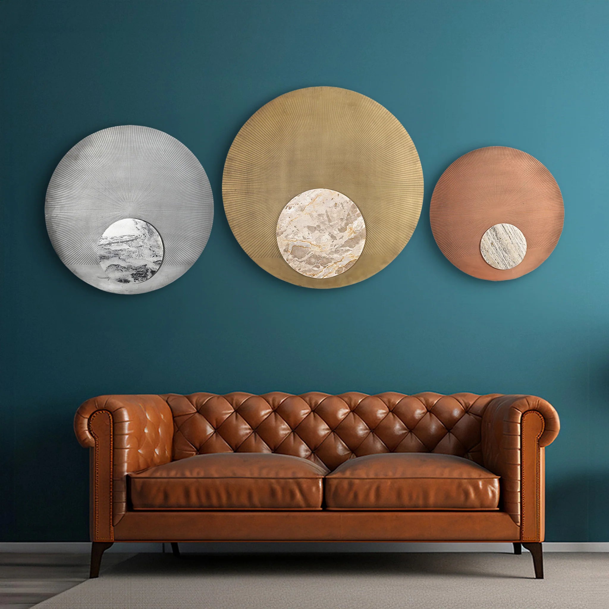 TRAMPOLINE Rayen Iron Wall Panel With Italian Marble Inlay (Set of 3)