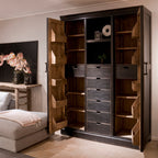 'T LOOIERSHUIS Classic Block Black Cabinet/Pantry in Solid Elm Wood, Handcrafted, 220 x 152 x 50 cm
