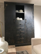 'T LOOIERSHUIS Classic Block Black Cabinet/Pantry in Solid Elm Wood, Handcrafted, 220 x 152 x 50 cm