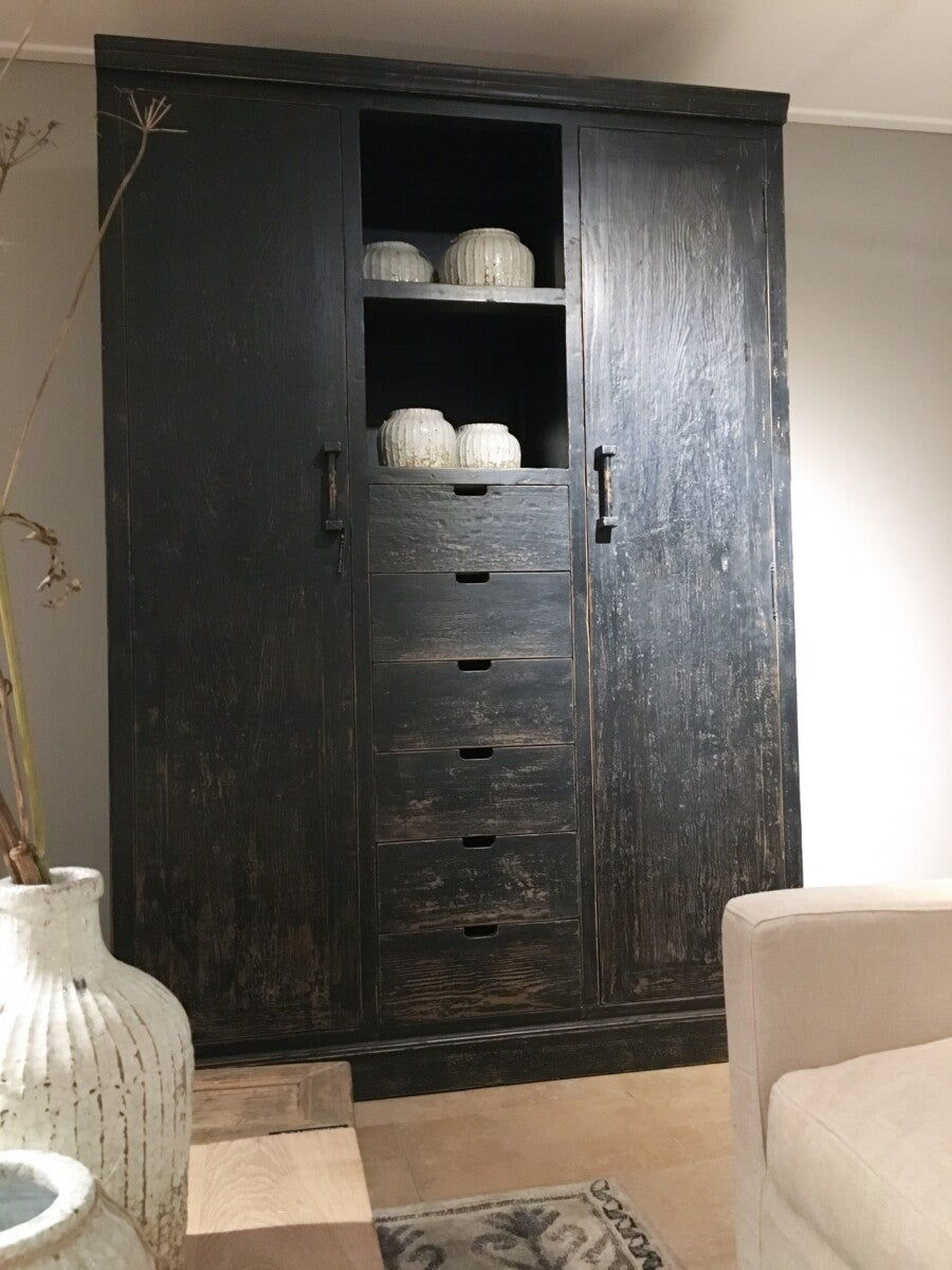 'T LOOIERSHUIS Classic Block Black Cabinet/Pantry in Solid Elm Wood, Handcrafted, 220 x 152 x 50 cm
