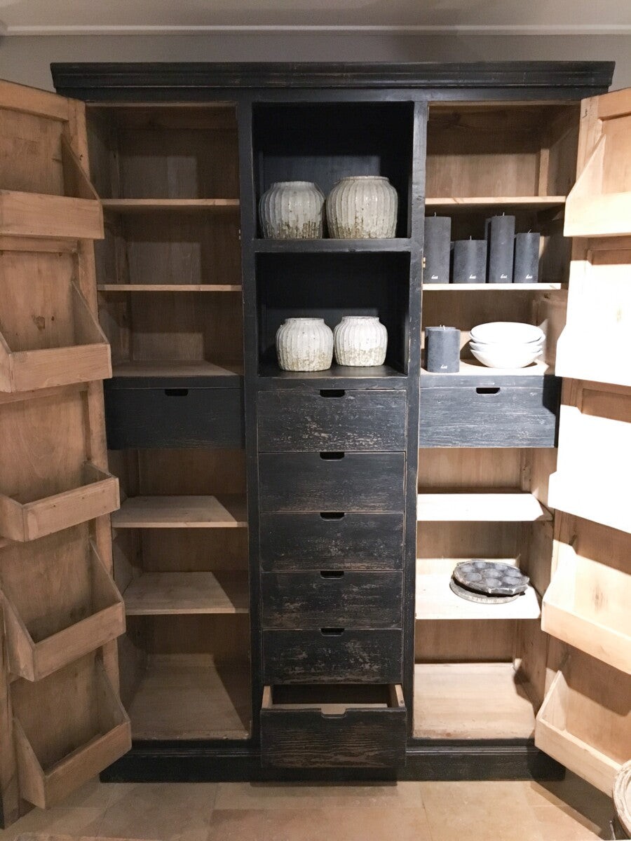 'T LOOIERSHUIS Classic Block Black Cabinet/Pantry in Solid Elm Wood, Handcrafted, 220 x 152 x 50 cm