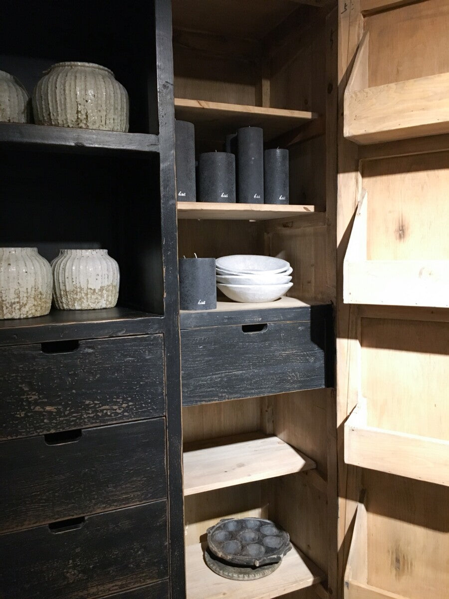 'T LOOIERSHUIS Classic Block Black Cabinet/Pantry in Solid Elm Wood, Handcrafted, 220 x 152 x 50 cm